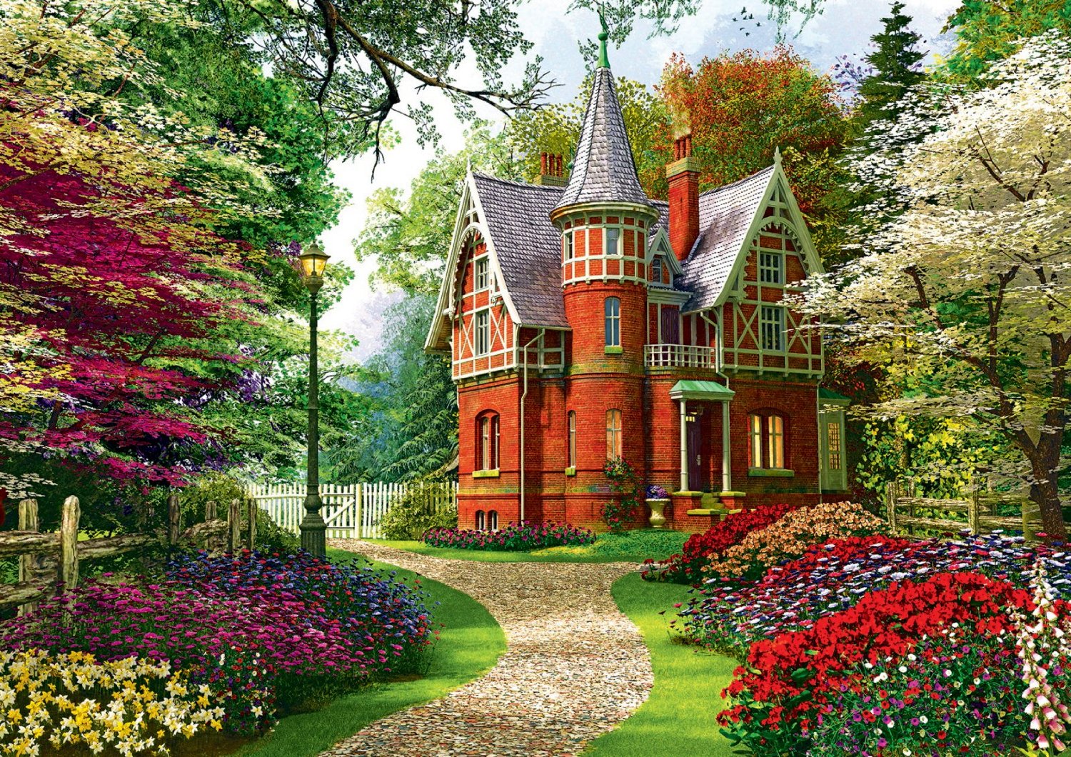 En vacker engelsk stuga och en blommande trädgård är motivet för detta pussel på 1000 bitar